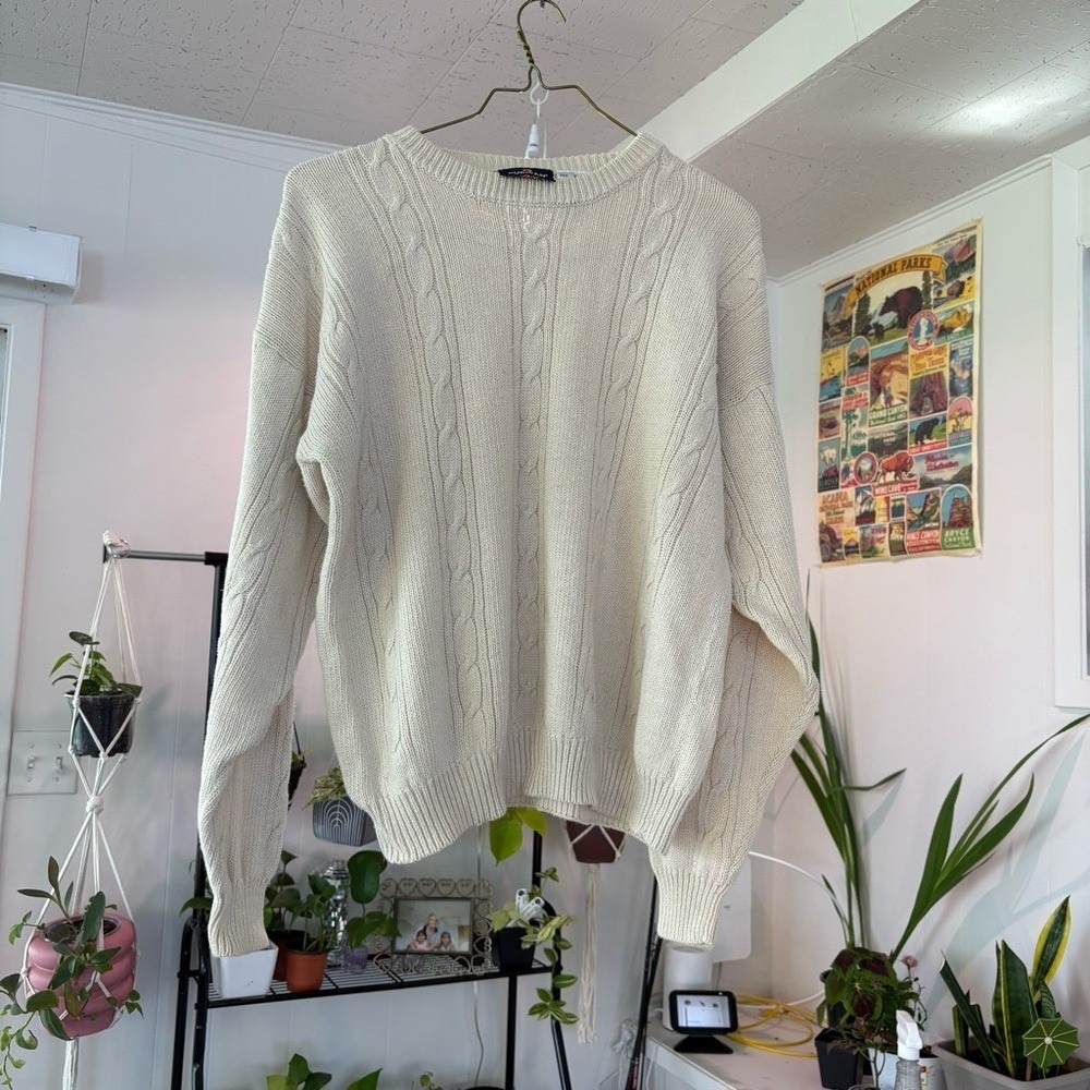 Puritan Cable Knit Sweater Mens XL Cream Ivory Ribbed Crewneck Grandpacore - Picture 2 of 6
